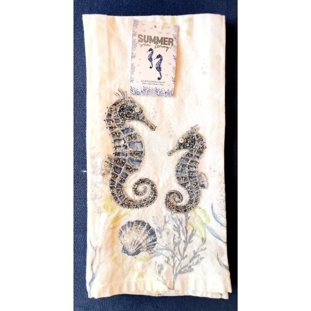 Seahorse Shell Kitchen Towel Set of 2 Sequins Blue Fish OCEAN Beach 18"x28" Sea